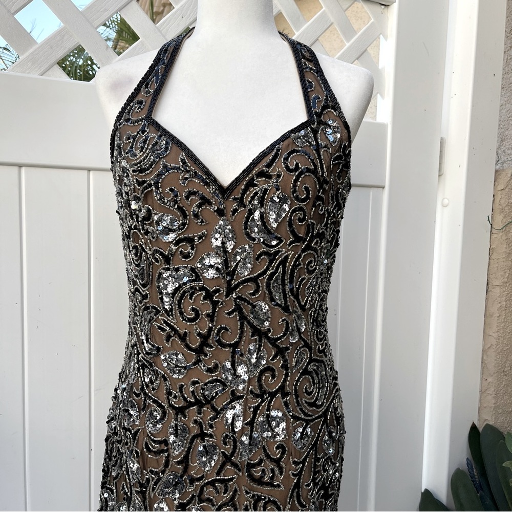 Vintage Oleg Cassini Black Tie Collection  Silk Rhinestone Halter Dress Size 10